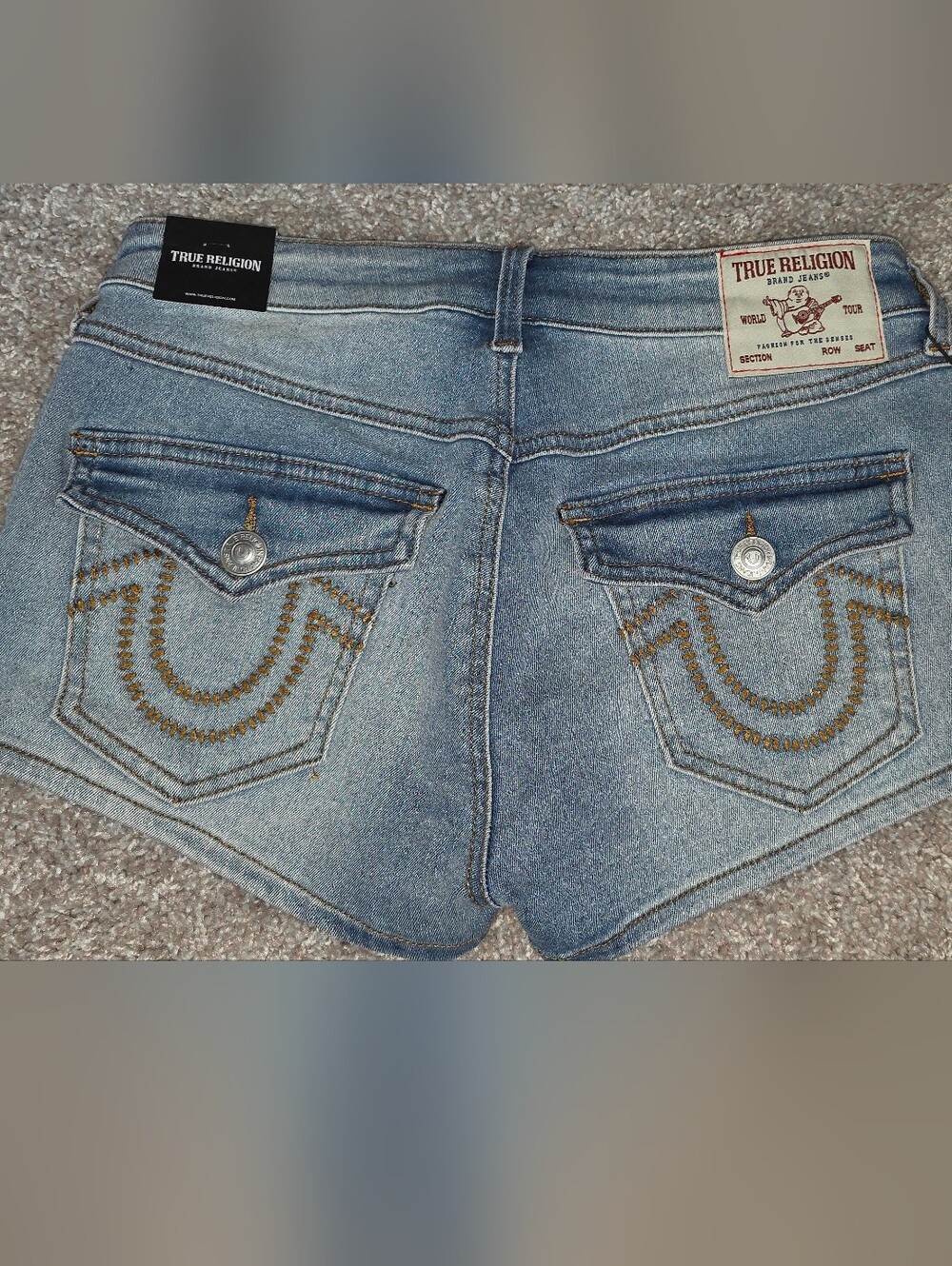 True Religion Light Blue Cropped Denim Jeans with Gold Stitching